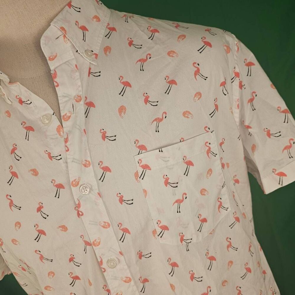 NWT J Crew Factory Flex Pink Flamingo Short Sleeve Button Down Shirt XL Slim - Picture 3 of 5